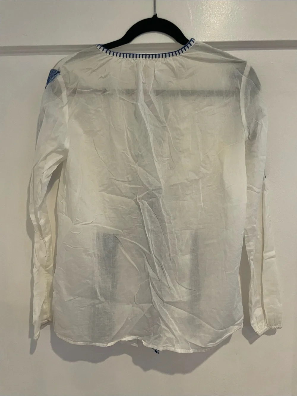 Michael Kors White Cotton Peasant Blouse with Blue Embroidery and Tassels